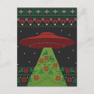 Red and Green UFO Tractor Beam Ugly Kerstmis Briefkaart