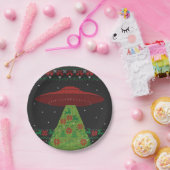 Red and Green UFO Tractor Beam Ugly Kerstmis Papieren Bordje (Feest)