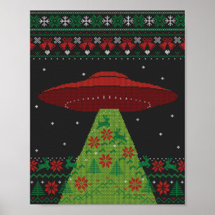 Red and Green UFO Tractor Beam Ugly Kerstmis Poster