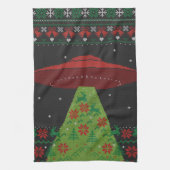 Red and Green UFO Tractor Beam Ugly Kerstmis Theedoek (Verticaal)