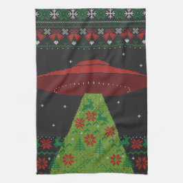 Red and Green UFO Tractor Beam Ugly Kerstmis Theedoek