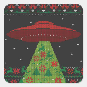 Red and Green UFO Tractor Beam Ugly Kerstmis Vierkante Sticker