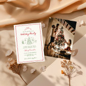 Red and Green Vintage Doodle Christmas Family Kaart