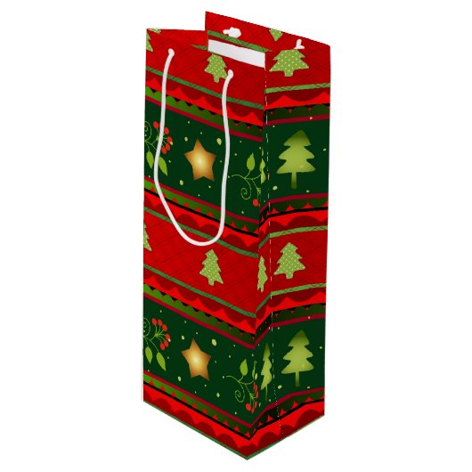 Red and Green Winte Gift Bag Wijn Cadeautas (Voorkant Gekanteld)