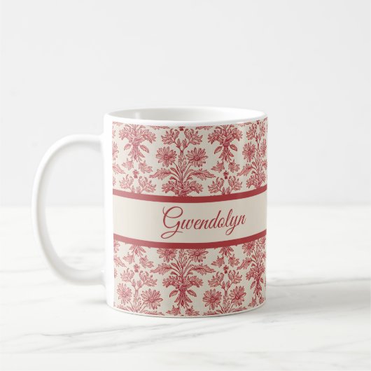 Red and Ivory Floral Toille Pattern with Name Koffiemok (Links)