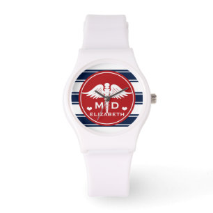 Red and Navy Stripe Caduceus MD Doctor Horloge