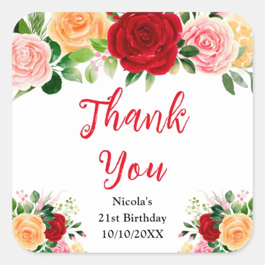 Red and Orange Roses Birthday Thank You Vierkante Sticker (Voorkant)