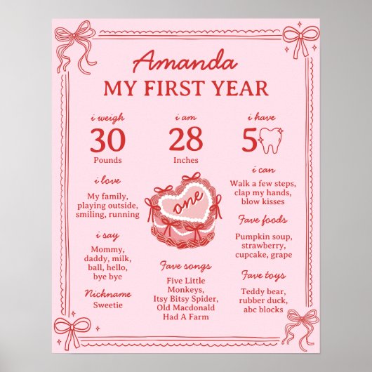 Red and Pink Bow Cake 1st Birthday Milestone Sign Poster (Voorkant)