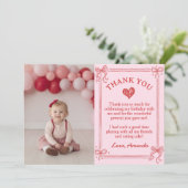 Red and Pink Bow Cake Birthday Photo Bedankkaart (Staand voorkant)