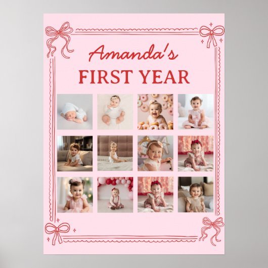 Red and Pink Bow Cake Birthday Photo Milestone Poster (Voorkant)