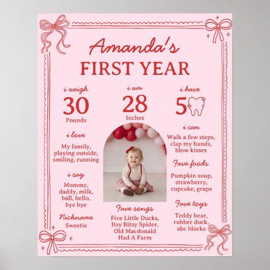 Red and Pink Bow Cake First Year Milestone Photo Poster (Voorkant)