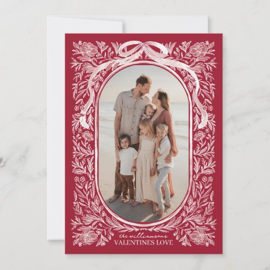 Red and Pink Floral & Bow Valentine Photo Card Kaart (Voorkant)