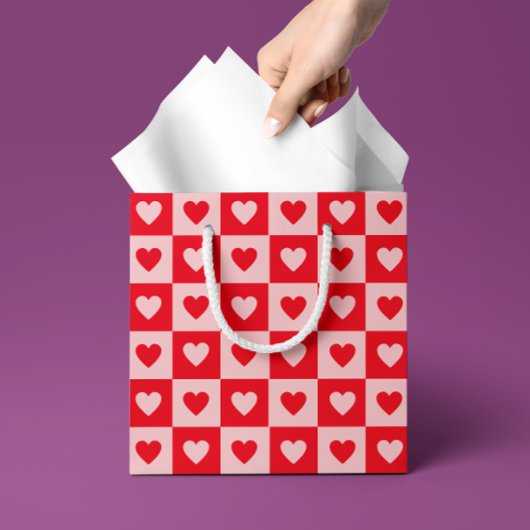 Red and Pink Hearts Checkerboard Valentine's Day Medium Cadeauzakje