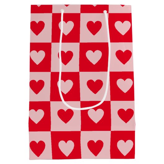 Red and Pink Hearts Checkerboard Valentine's Day Medium Cadeauzakje (Achterkant)