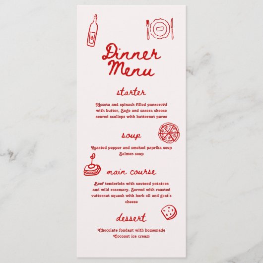 Red and Pink Retro Illustrated | Dinner Wedding Menu (Voorkant)