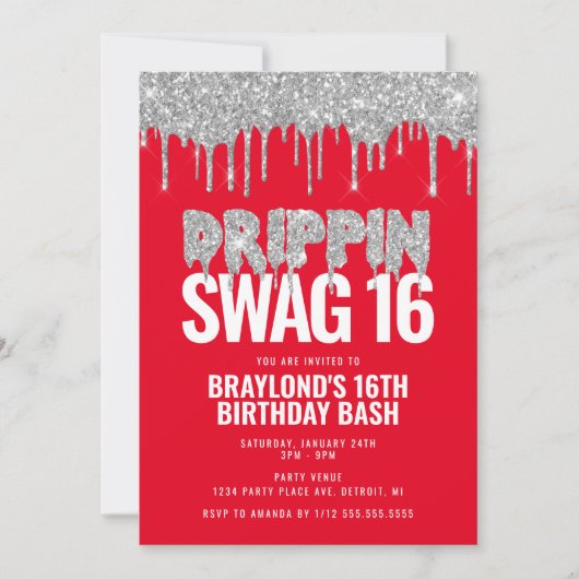 Red and Silver Drippin Swag 16 Birthday Kaart (Voorkant)