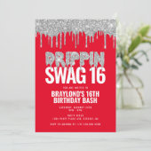 Red and Silver Drippin Swag 16 Birthday Kaart (Staand voorkant)