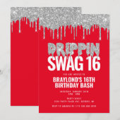 Red and Silver Drippin Swag 16 Birthday Kaart (Voorkant / Achterkant)