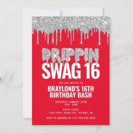 Red and Silver Drippin Swag 16 Birthday Kaart