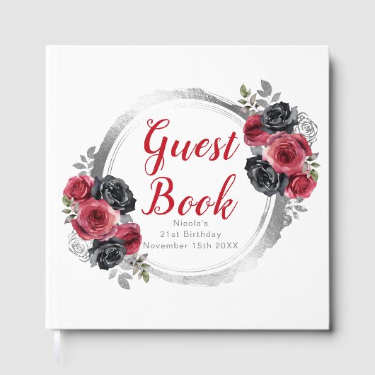 Red and Silver Elegant Flowers Birthday Party Gastenboek (Voorkant)