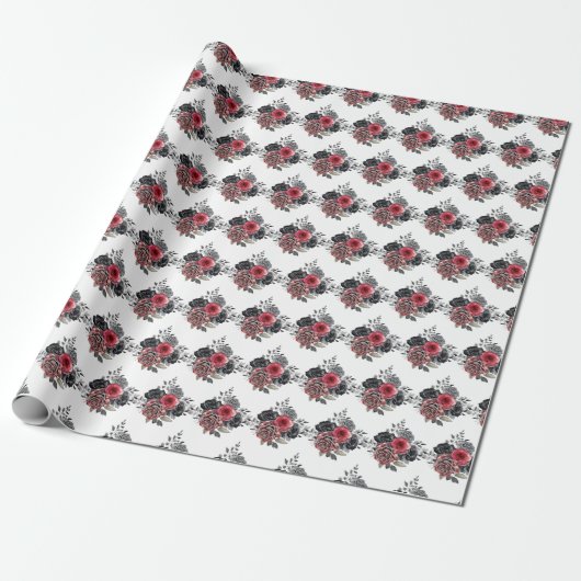 Red and Silver Elegant Flowers Cadeaupapier (Uitgerold)