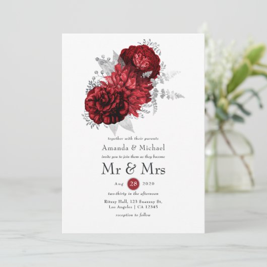 Red and Silver Floral Mr. & Mrs Wedding Kaart (Staand voorkant)