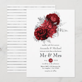 Red and Silver Floral Mr. & Mrs Wedding Kaart