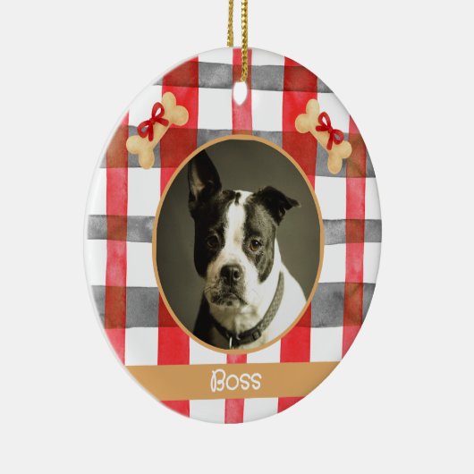 Red and Silver Grey Plaid Round Pet Ornament (Rechts)