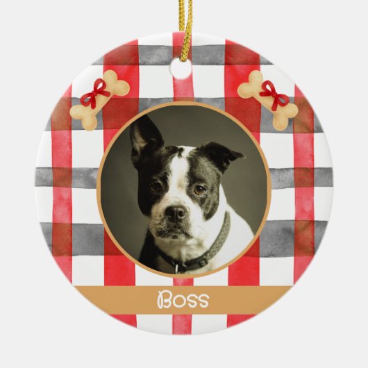Red and Silver Grey Plaid Round Pet Ornament (Voorkant)