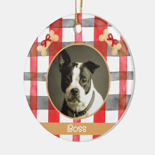 Red and Silver Grey Plaid Round Pet Ornament (Links)