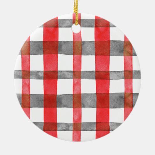 Red and Silver Grey Plaid Round Pet Ornament (Achterkant)