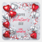 Red and Silver Heart Balloons Valentine's Day Vierkante Sticker (Voorkant)