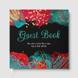 Red and Teal Blue Alcohol Ink Birthday Guest Book Gastenboek