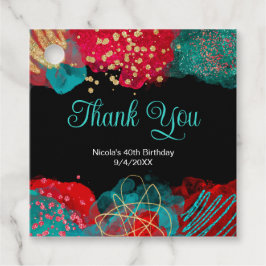 Red and Teal Blue Alcohol Ink Birthday Party Bedankjes Labels