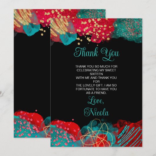 Red and Teal Blue Alcohol Ink Sweet Sixteen Bedankkaart (Voorkant / Achterkant)