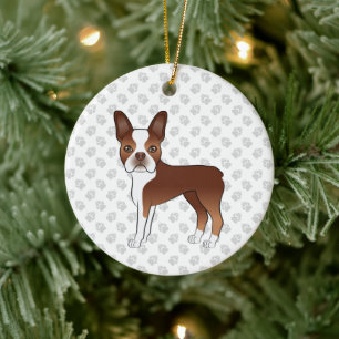 Red and White Boston Terrier Cartoon Dog & Paws Keramisch Ornament