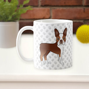 Red and White Boston Terrier Cartoon Dog & Paws Koffiemok