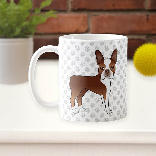 Red and White Boston Terrier Cartoon Dog & Paws Koffiemok