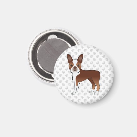 Red and White Boston Terrier Cartoon Dog & Paws Magneet (Voorkant / Achterkant)