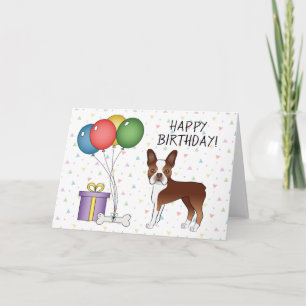 Red and White Boston Terrier Dog Happy Birthday Kaart