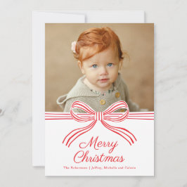 Red and White Bow Flat Christmas Photo Card Feestdagenkaart