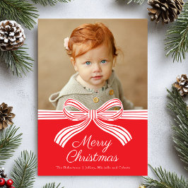 Red and White Bow Flat Christmas Photo Card Feestdagenkaart
