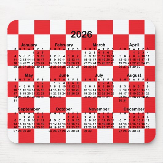 Red and White Checkerboard 2026 Calendar Muismat (Voorkant)