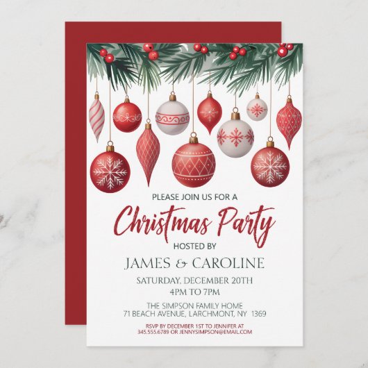 Red and White Christmas Party Invitation Kaart (Voorkant / Achterkant)