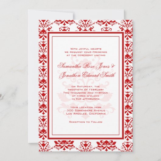 Red and White Damask Elegant Wedding Kaart (Voorkant)