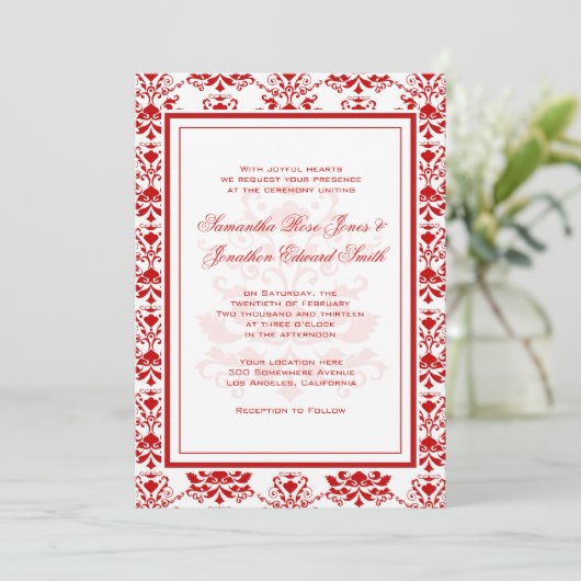 Red and White Damask Elegant Wedding Kaart (Staand voorkant)