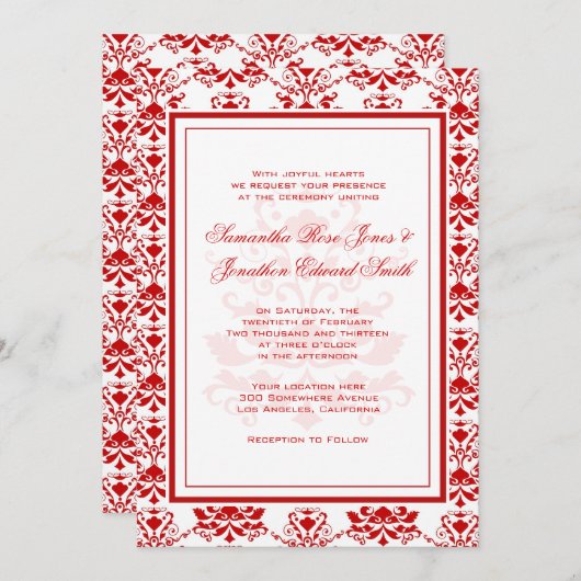Red and White Damask Elegant Wedding Kaart (Voorkant / Achterkant)