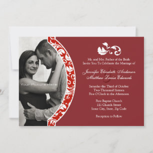 Red and White Damask Photo Wedding Invitation Kaart