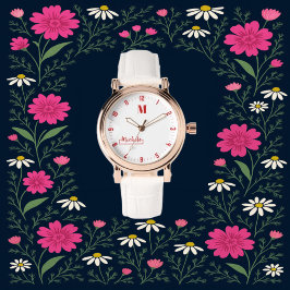  Red and White Elegant Floral Monogram custom Name Horloge