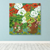 Red and white geraniums in pots 2013 canvas afdruk (Insitu (Houten vloer))
